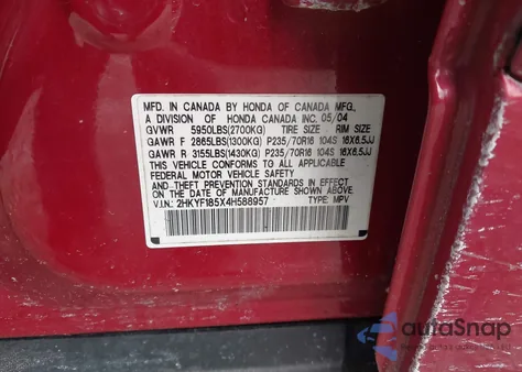 2004 Honda Pilot Ex-L из США, поврежденный, VIN 2HKYF185X4H588957